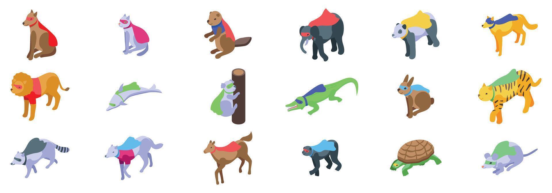 Animals superhero icons set. Circus animals wearing superhero costumes performing tricks vector