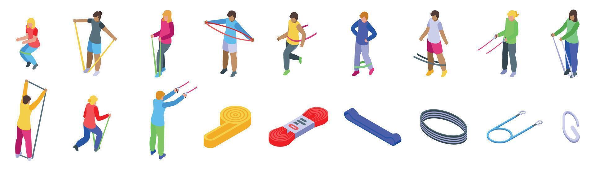 Elastic bands fitness icons set. People exercising with resistance bands, fitness, workout, and rehabilitation vector