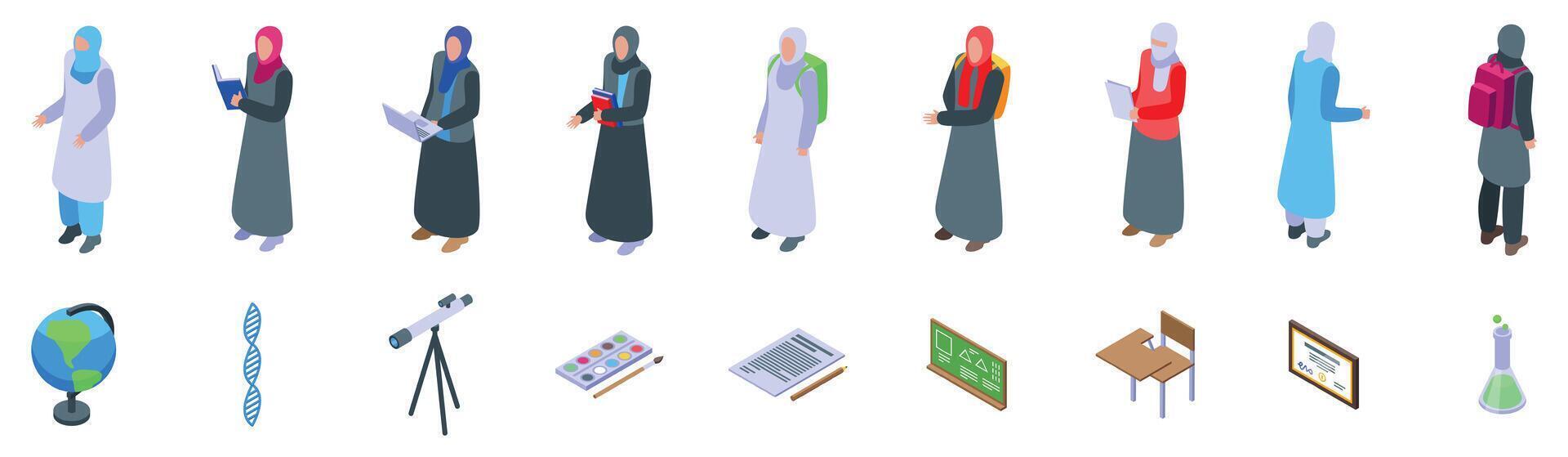 Muslim girl school icons set. Muslim female students studying and learning with educational items vector
