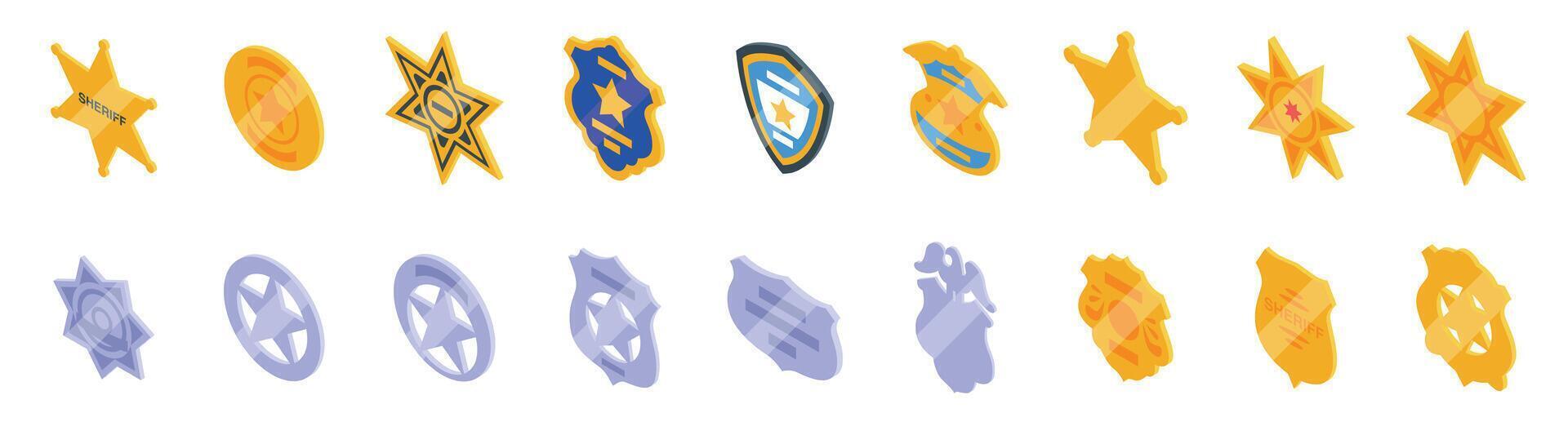 Sheriff badge icons set. Police badges and sheriff stars representing law enforcement in isometric view vector