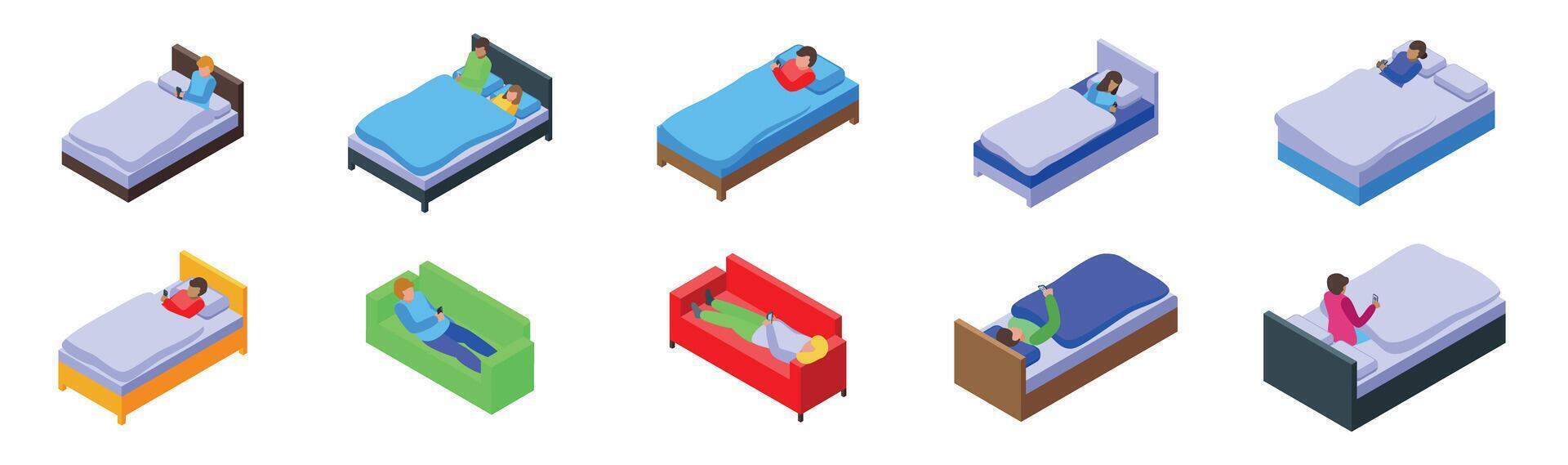 Bed phones icons set. People lying in bed or on sofa using their smartphones, resting and relaxing at home vector
