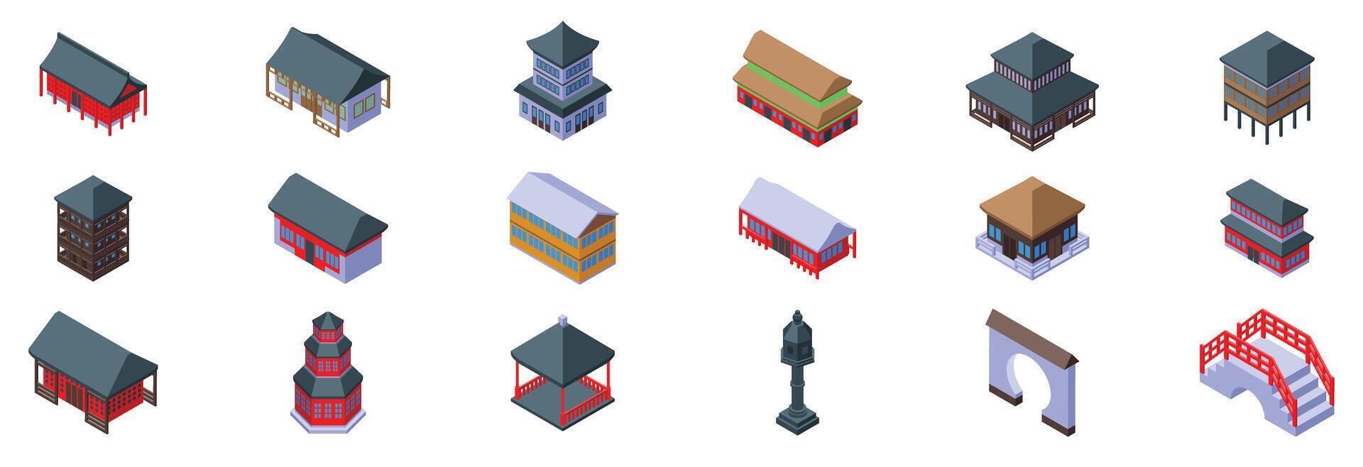 Traditional chinese house icons set. Exploring asian architecture, isometric icons of traditional buildings and structures vector