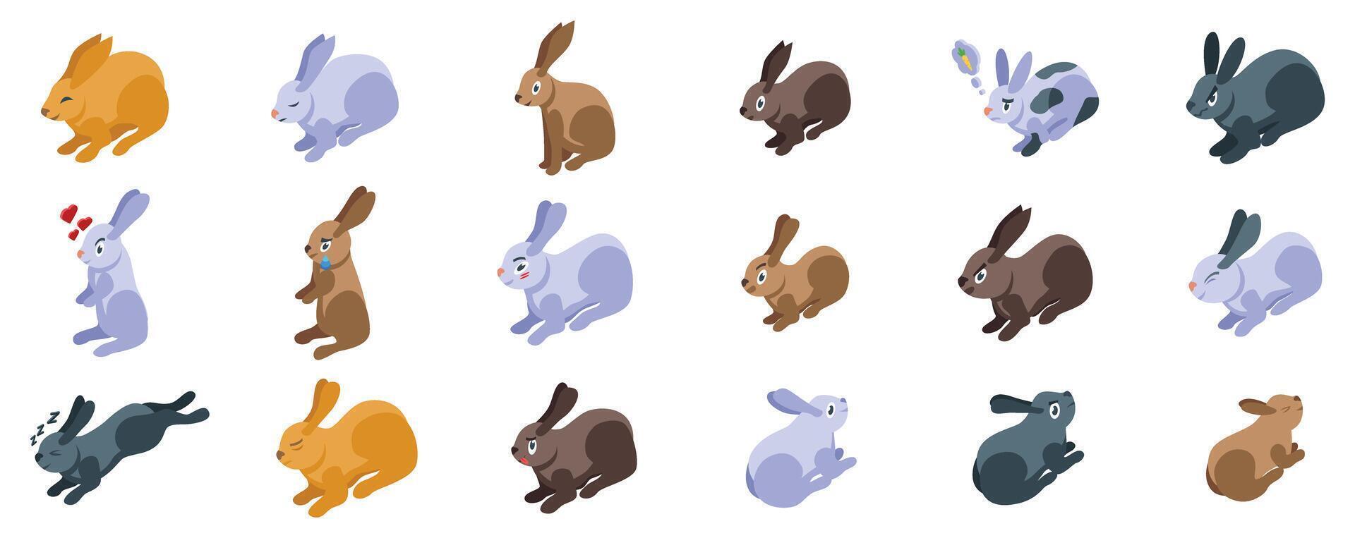Rabbit character emotions icons set. Rabbits posing in various actions and expressions, isometric view vector