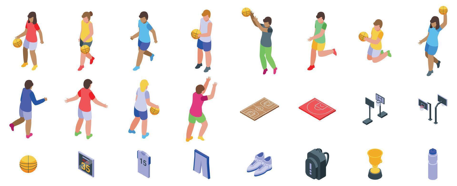 Children playing basketball icons set. Isometric characters playing basketball and sports equipment vector
