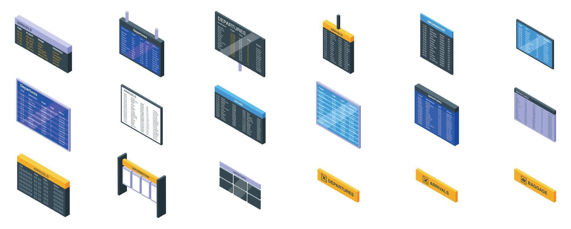 Arrival airport board icons set. Airport timetable icons showing arriving and departing flights and baggage claim vector