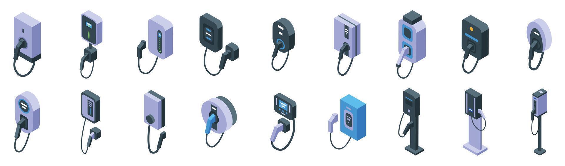 Electric car wall charger icons set. Electric vehicle charging stations, powering the future of sustainable transportation vector