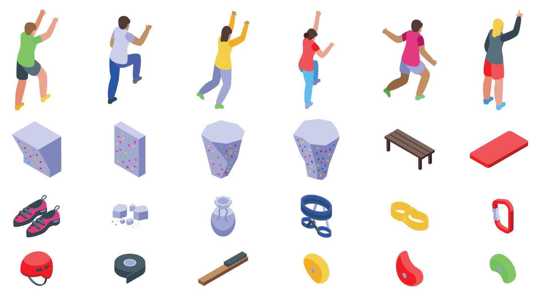 Bouldering gym icons set. Climbers practicing on climbing wall with equipment and shoes vector