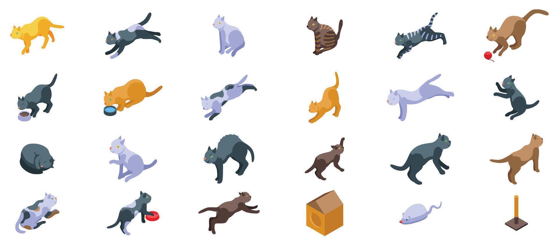 Behavior cat icons set. Cats posing in different situations isometric icons set vector