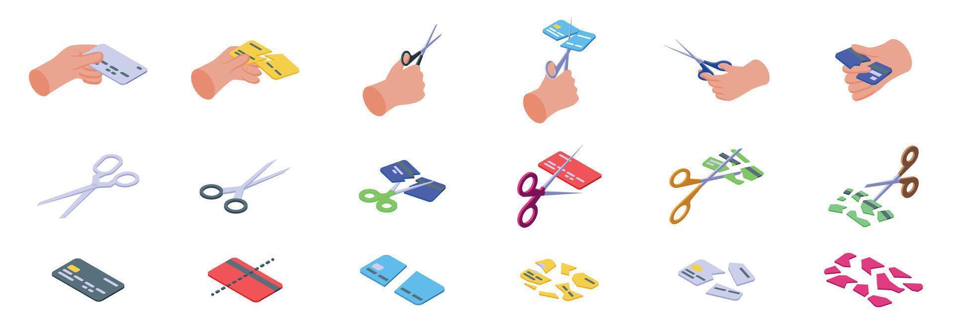 Cutting credit card icons set. Hands cutting credit cards with scissors, canceling credit, debt, and expenses vector