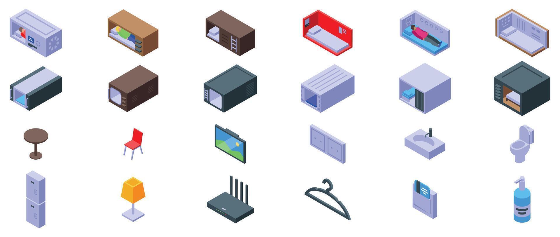 Capsule hotel icons set. Capsule hotel room furniture and amenities providing comfortable and compact accommodation vector