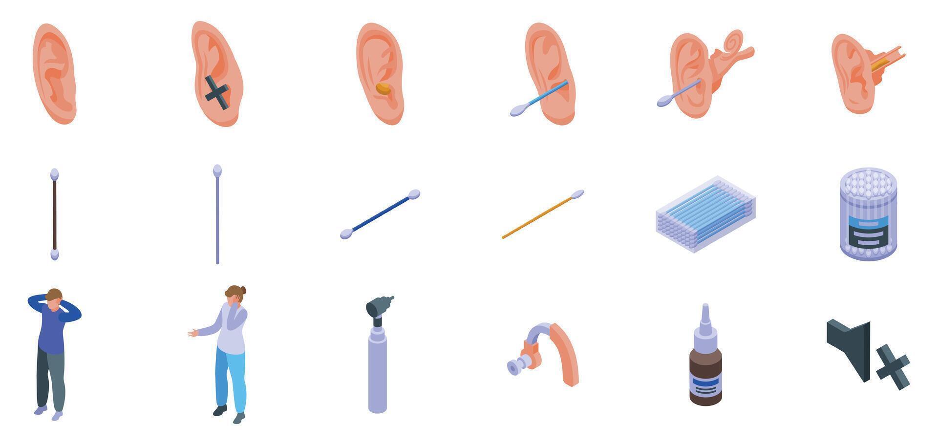 Ear canal cleaning icons set. Doctors examining patient ear using cotton buds, otoscope and ear drops vector