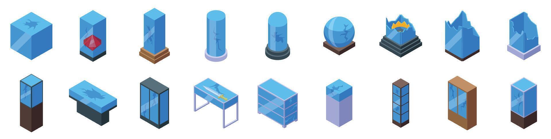Broken glass showcase icons set. Epoxy resin furniture and objects creating modern and stylish designs vector
