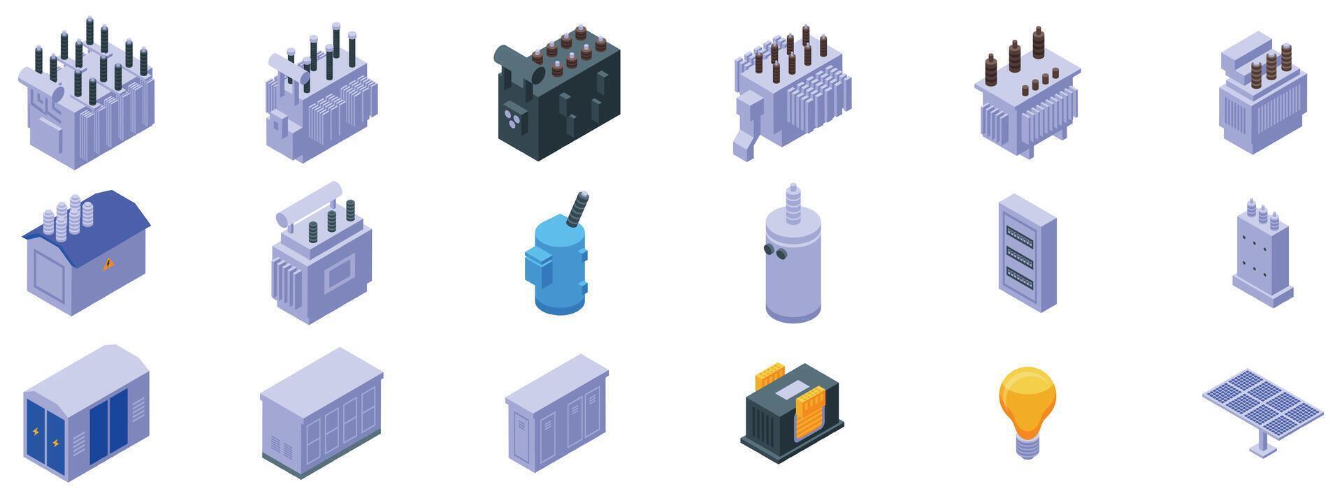 Transformer energy icons set. Electric transformers providing power to homes and businesses, isometric icons of electrical infrastructure vector