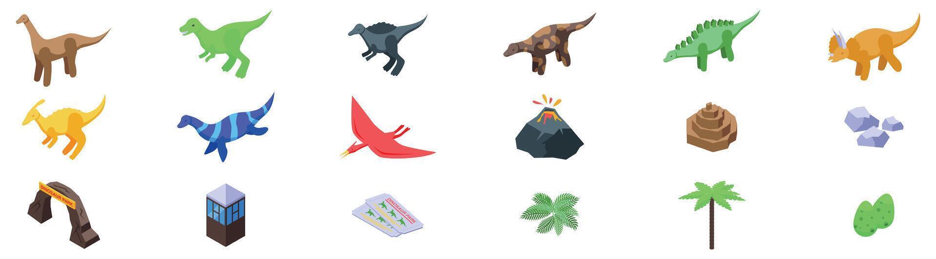 Dinosaur park icons set. Dinosaur park icons showing prehistoric animals and park features vector