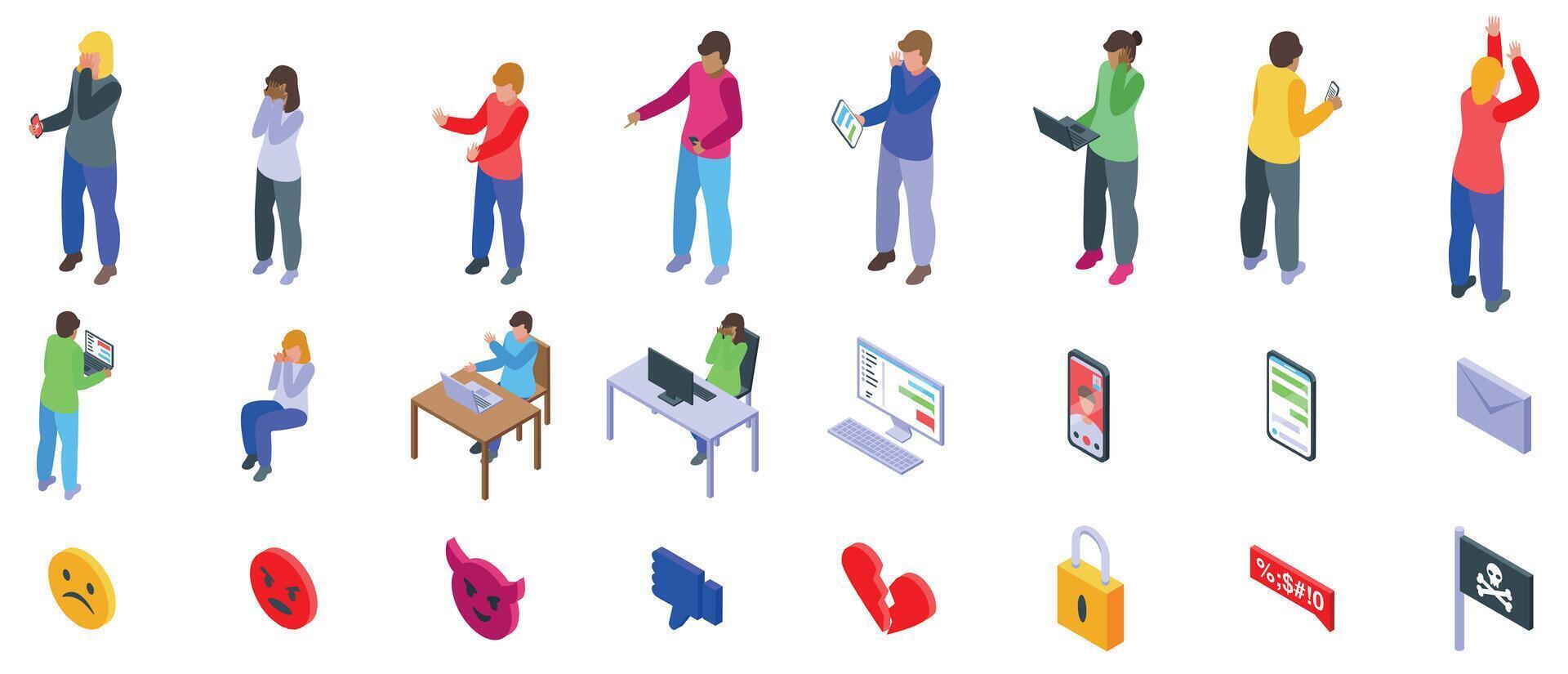 Cyber bullying harassment icons set. Cyberbullying isometric icons showing people experiencing online harassment and its symbols vector