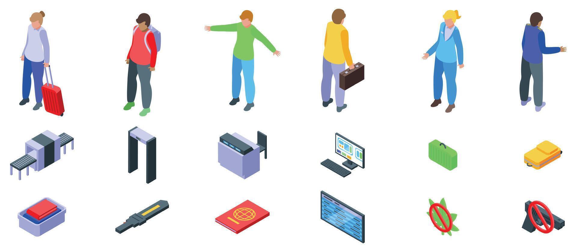 Luggage screening icons set. Airport security check with passengers showing boarding pass and luggage scanner conveyor belt vector