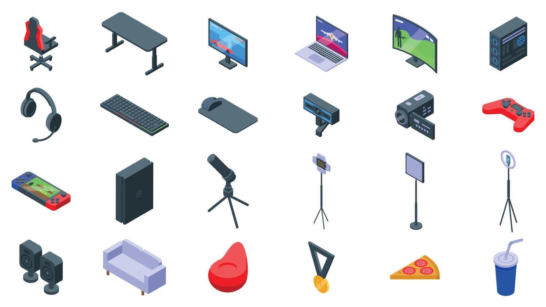 Gamer room interior icons set. Gamer room equipment providing immersive gaming experience vector