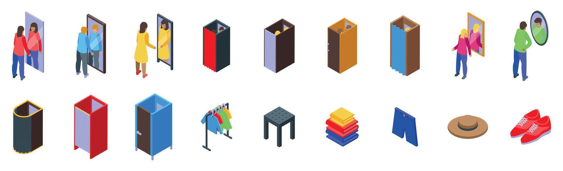 Fitting room icons set. Set of icons illustrating shopping and dressing room scenes vector
