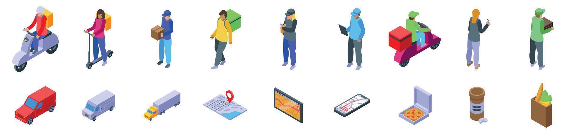 Courier tracking icons set. Diverse urban delivery methods and transportation icons vector