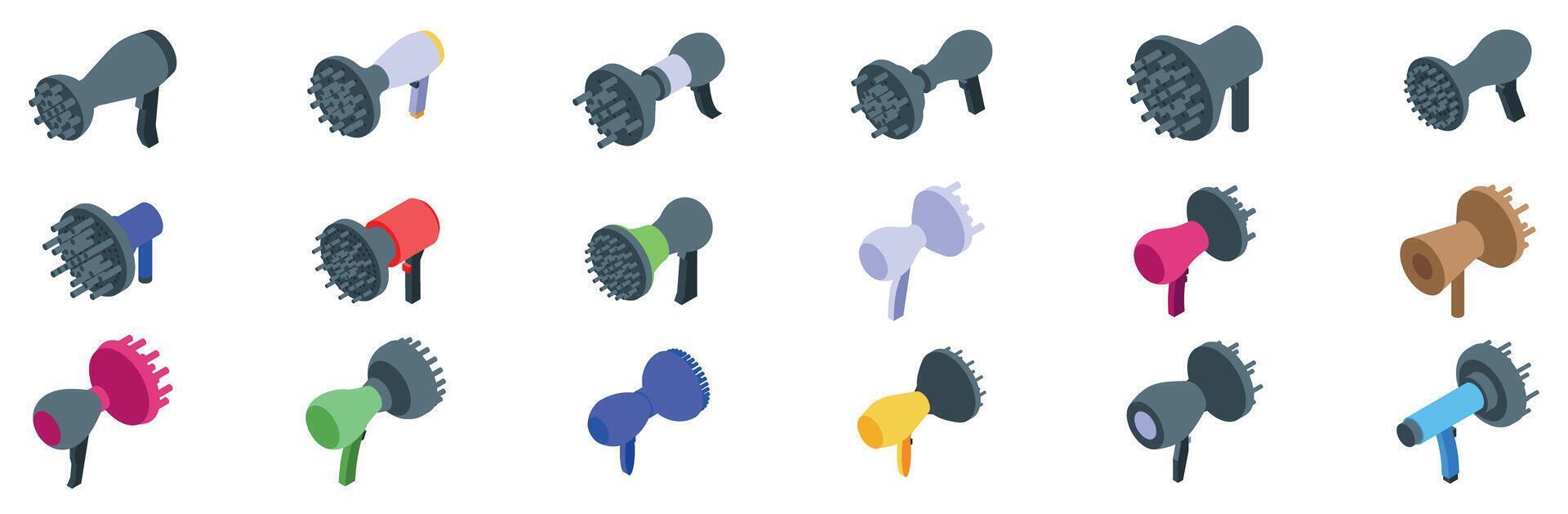 Hair diffuser icons set. Hair dryer diffuser icons set isometric view. Styling hair diffuser. Modern hairdressing vector
