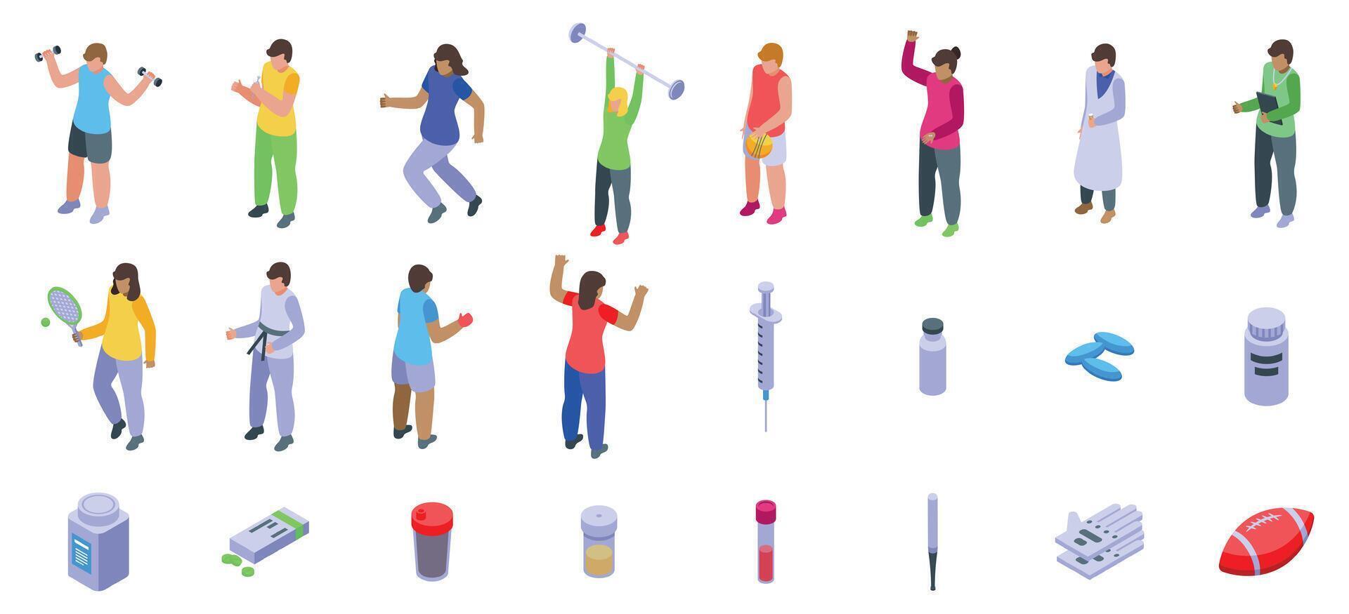 Steroid addiction icons set. Athletes undergoing doping tests with doctors and medical equipment for sports medicine and healthcare vector
