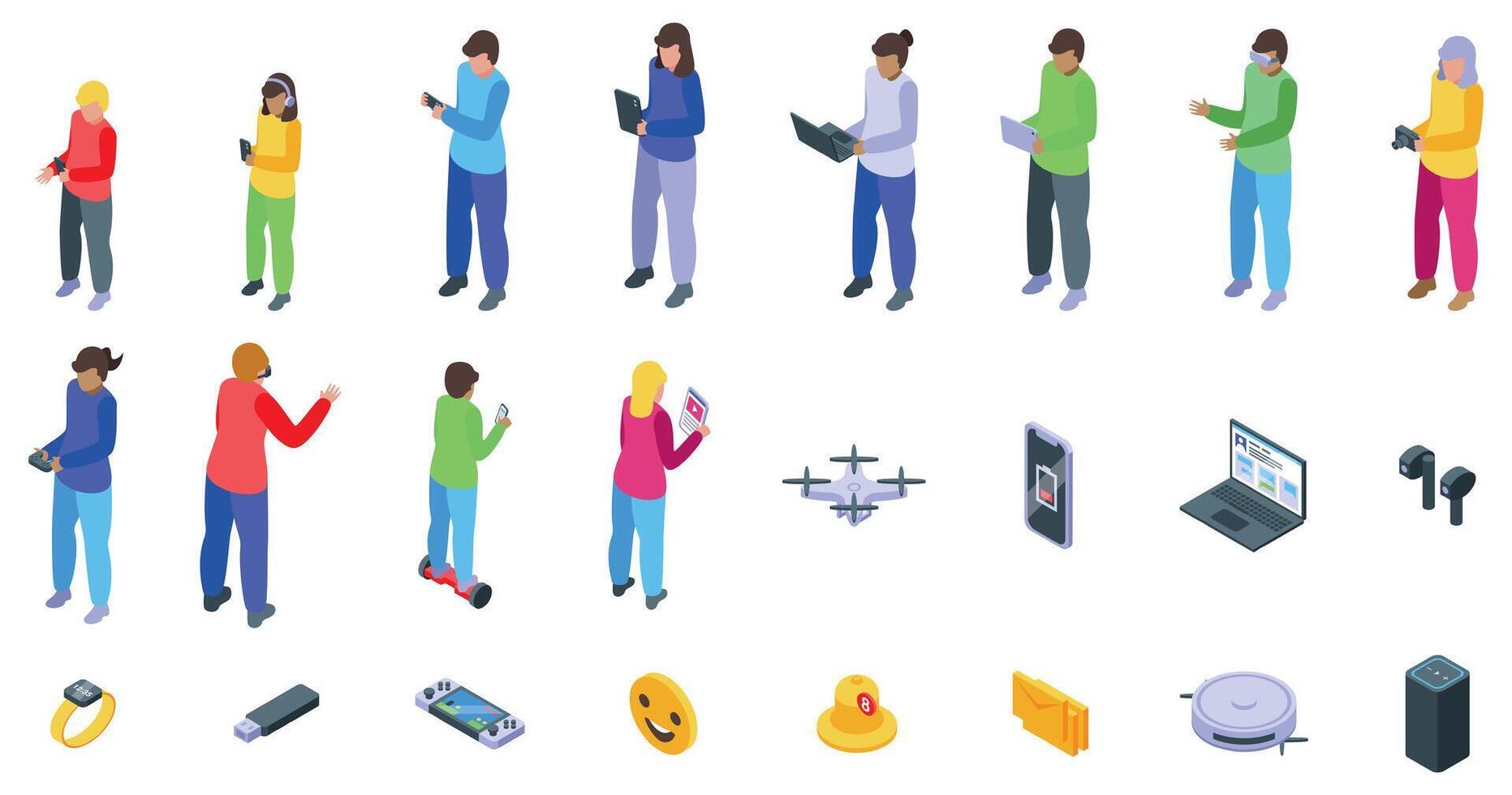 Gadget addiction icons set. People using modern electronic devices and gadgets, living in a technological era vector