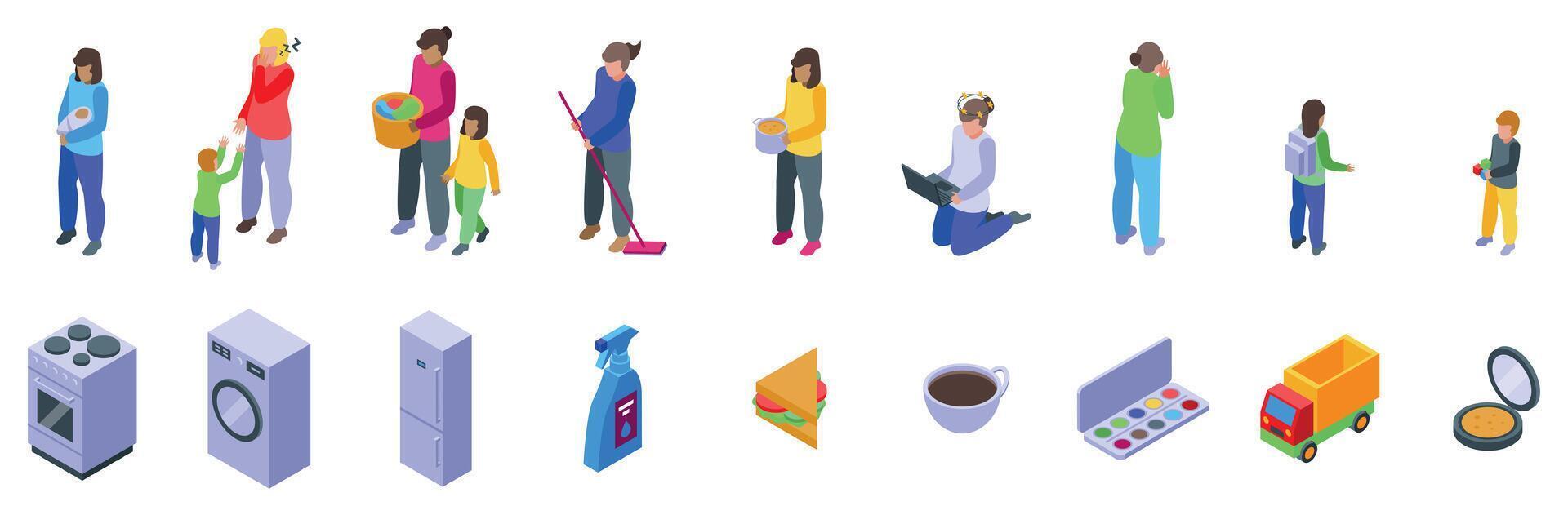 Tired mother icons set. Mothers caring for children, doing housework, working remotely and leisure activities vector