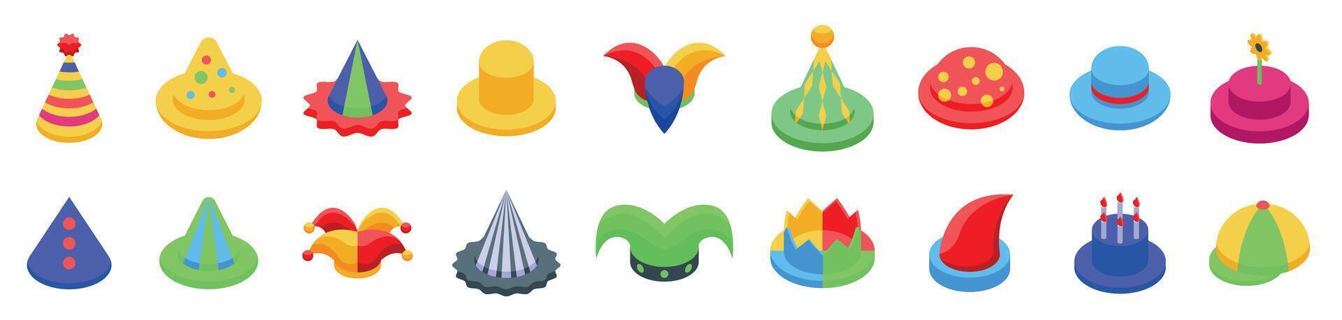 Clown hat icons set. Collection of party hats adding a touch of whimsy and celebration to any festive gathering vector