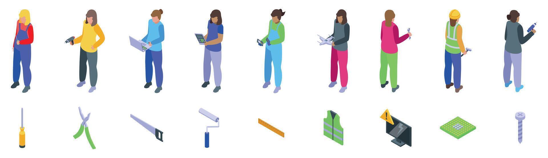 Woman holding screwdriver icons set. Construction workers using tools and technology for building and repair projects vector
