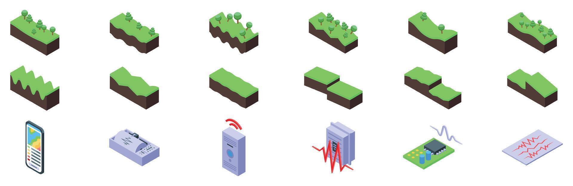 Seismic waves icons set. Earthquake measurement devices detecting and recording seismic activity vector