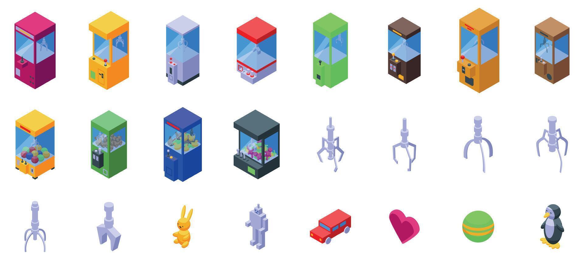 Claw machine game icons set. Claw crane machines and prizes in isometric view, offering engaging gameplay vector