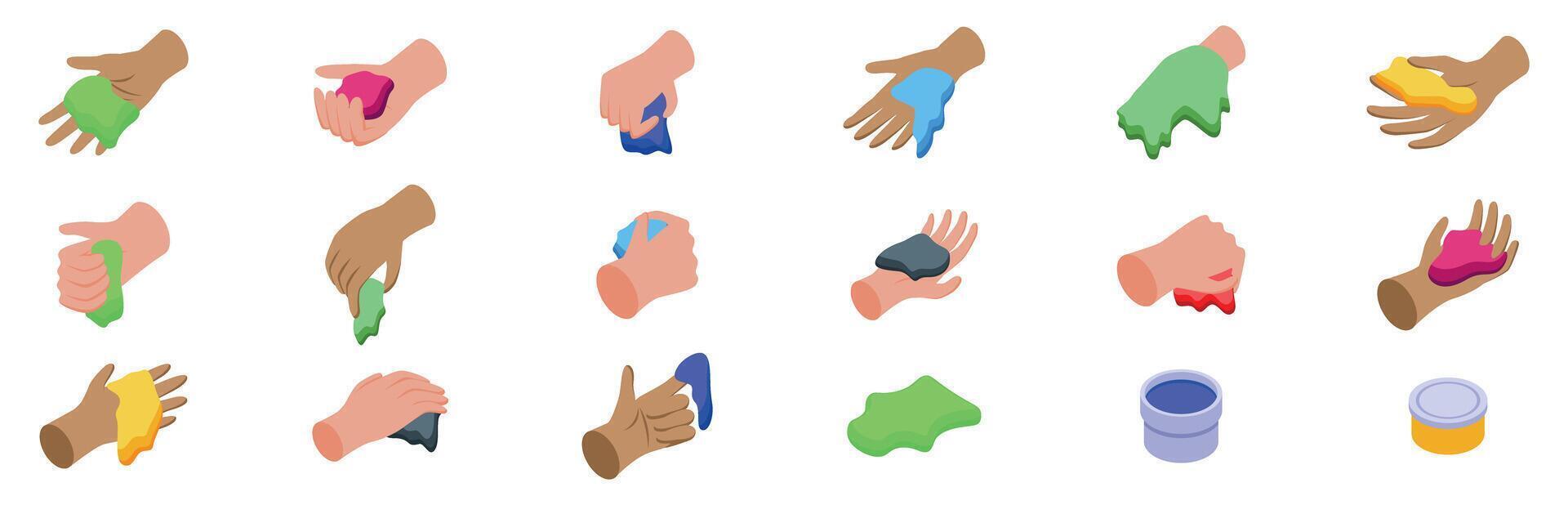 Hand holding slime icons set. Hands manipulating putty and slime, showcasing diverse textures and colors vector