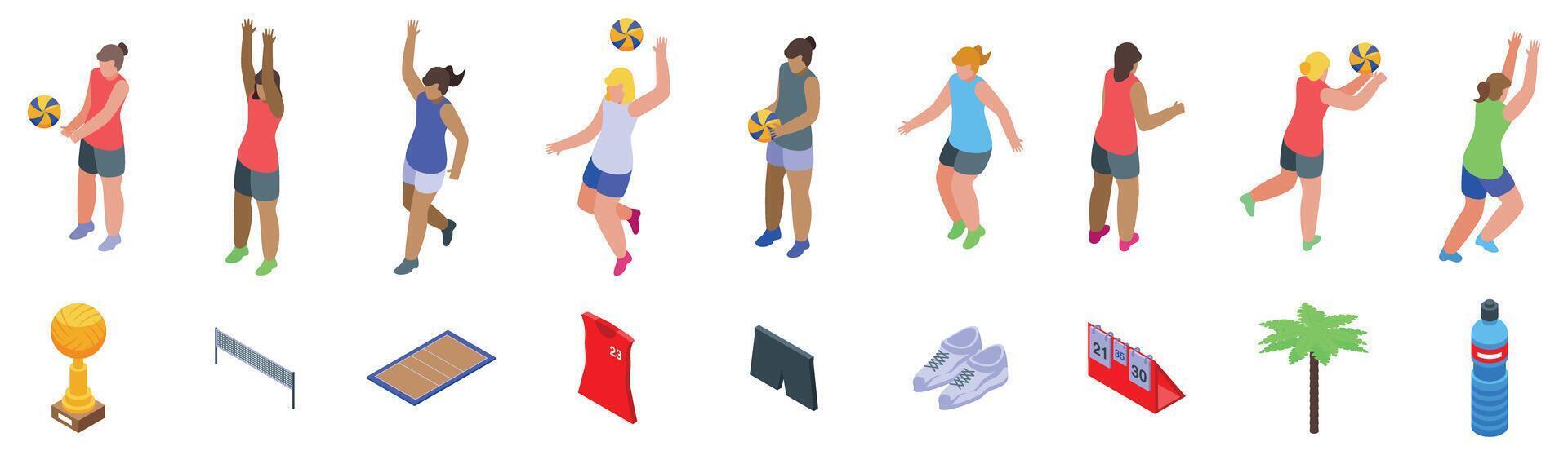 Woman playing volleyball icons set. Female volleyball players serving, receiving, jumping and diving during beach volleyball match vector