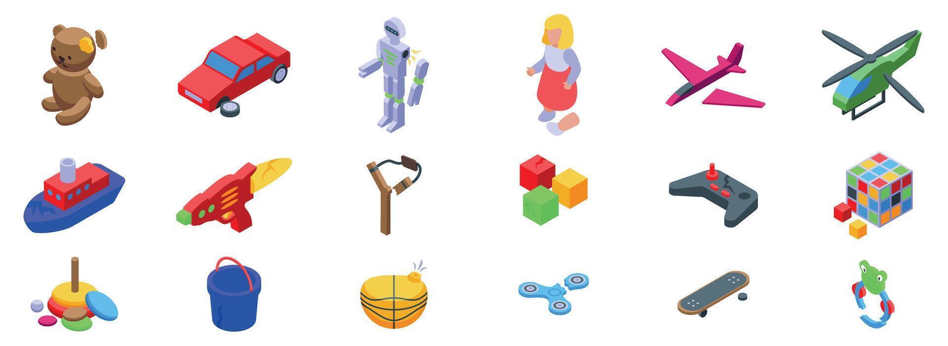 Broken toys icons set. Kids toys icons set showing playing, having fun, and learning vector
