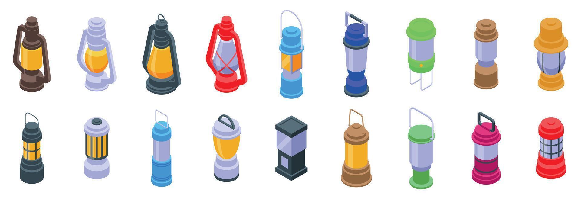 Camp lantern icons set. Assorted vibrant lanterns displayed in a row vector