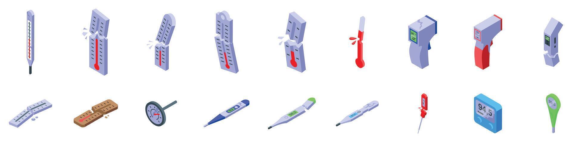 Broken thermometer icons set. Thermometers measuring temperature, fever, and body heat, isometric icons of various types vector