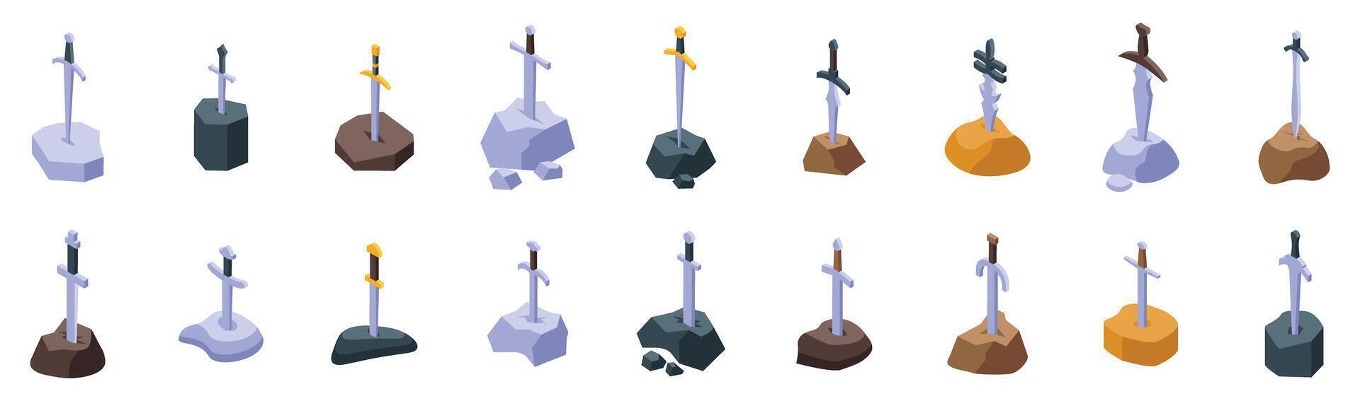 Sword stone icons set. Swords implanted in stones and ground isometric icons set vector