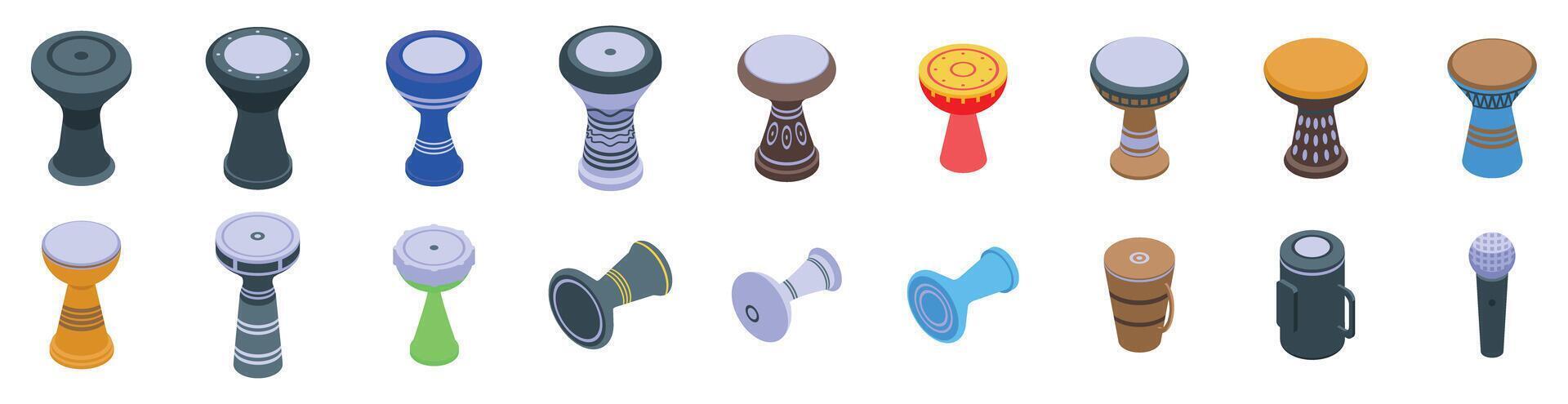 Darbuka icons set. Darbuka drum icons set playing traditional arabic music instruments vector