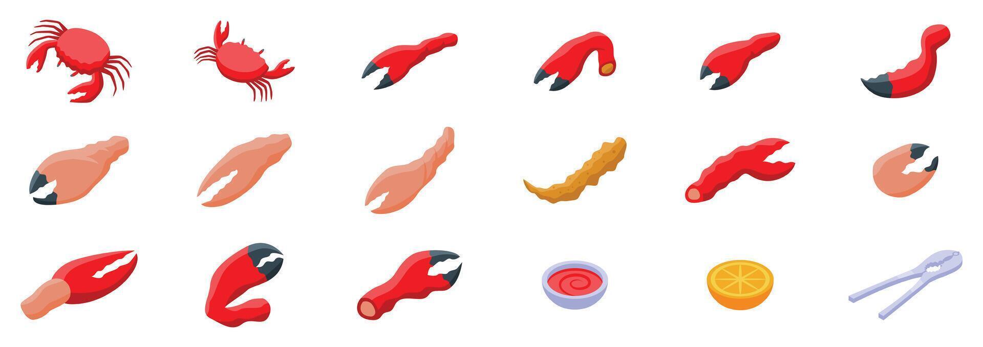 Boiled crab claw icons set. Fresh crabs, lobster claws, shrimp pliers, and seafood icons representing delicious cuisine vector