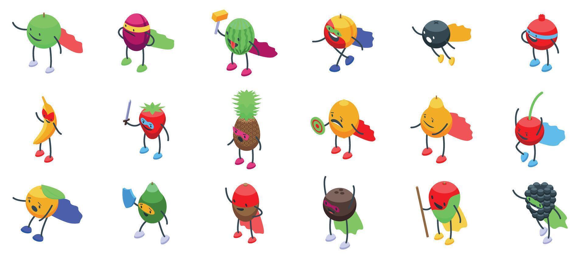 Superhero fruit icons set. Superhero fruits and berries posing in various dynamic actions vector