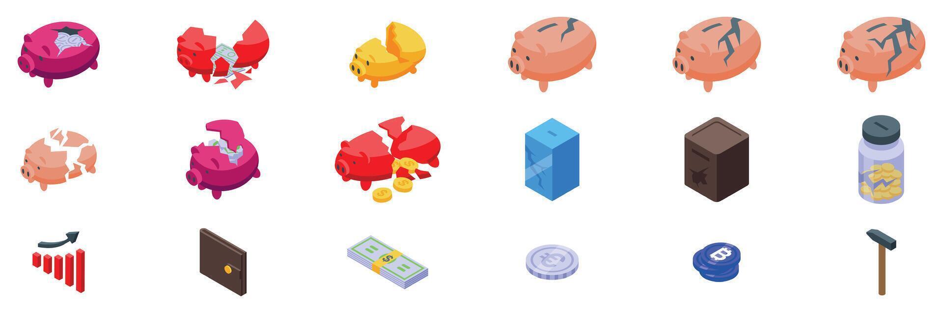 Broken piggy bank icons set. Piggy bank icons showing saving and spending money vector