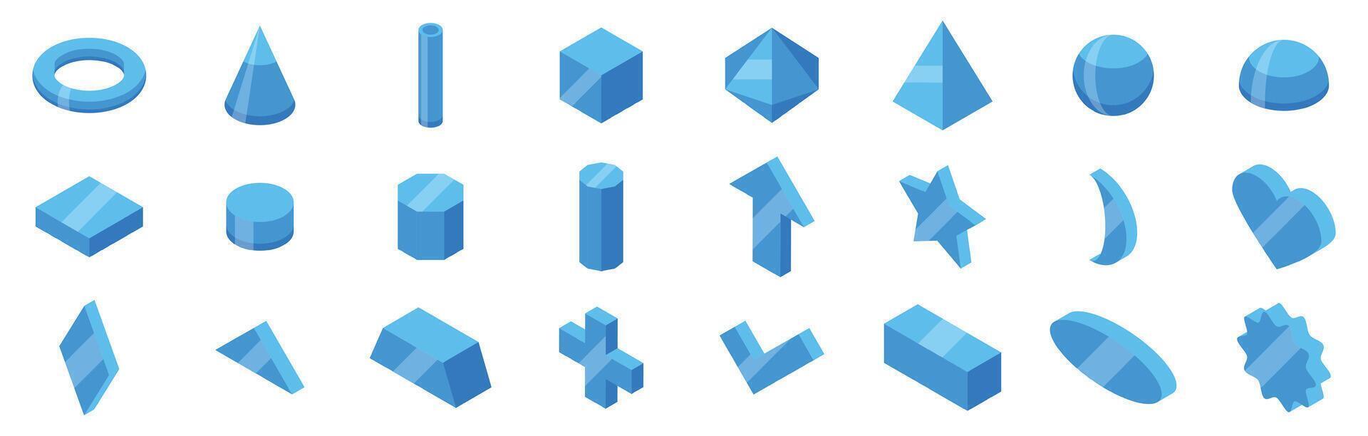 Glass figure icons set. Set of 3d geometric shapes representing various concepts in isometric view vector