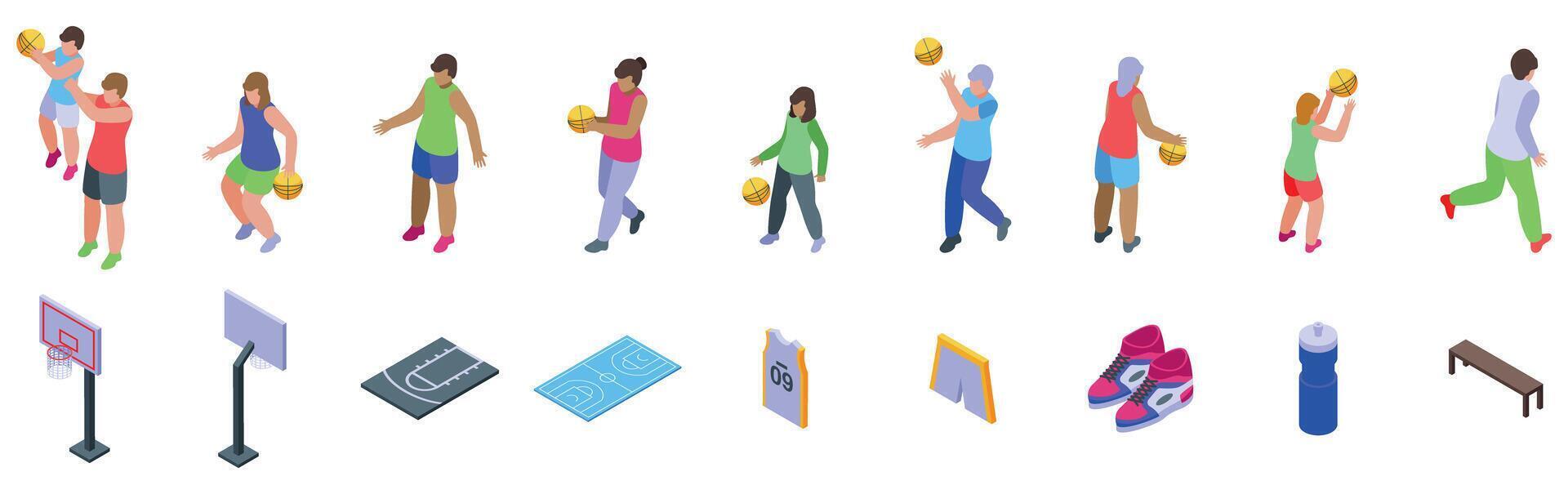 Family play basketball icons set. Basketball players training and game icons set isometric view vector