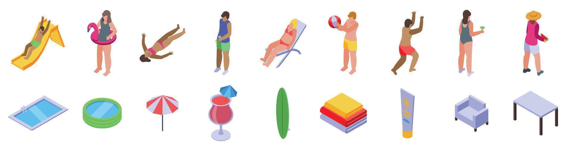 Pool party icons set. People relaxing, playing, and enjoying amenities at resort or water park vector