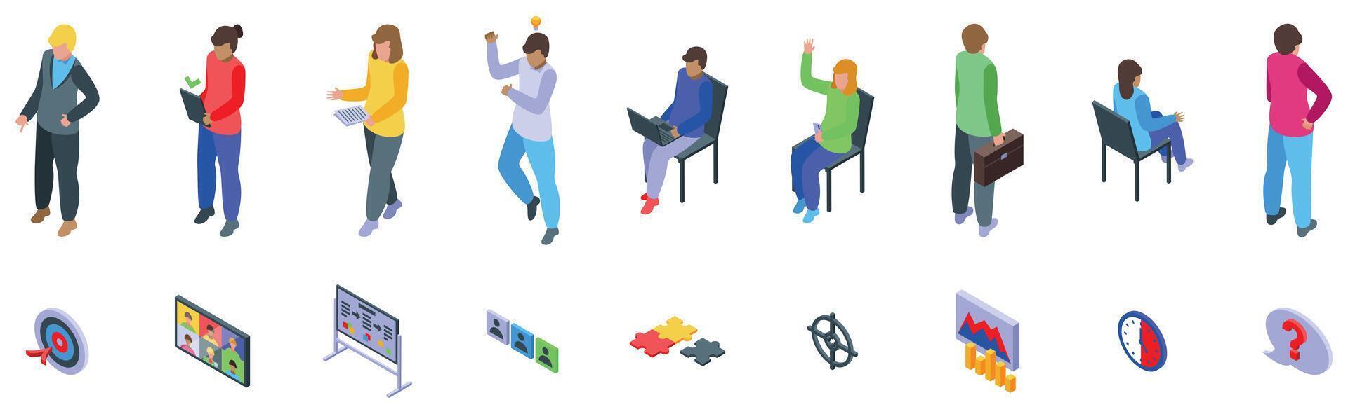 Focus group icons set. Assessment center isometric icons showing candidates taking tests and evaluations vector