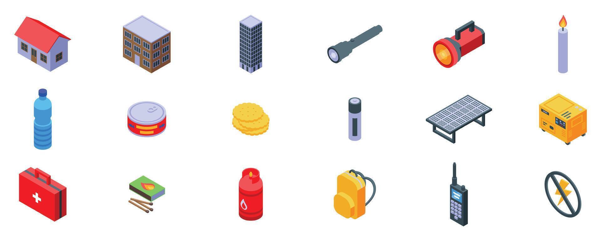 Blackout icons set. Emergency preparedness kit with essential supplies for survival during natural disasters or power outages vector
