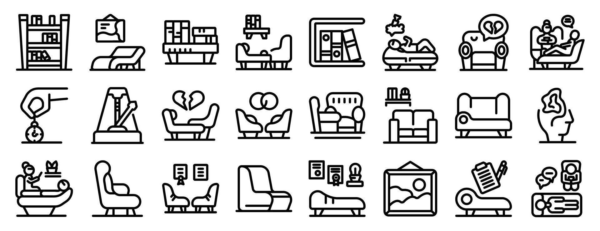 Psychologist office icons set. Psychologists listening patients problems during psychotherapy session icons set vector