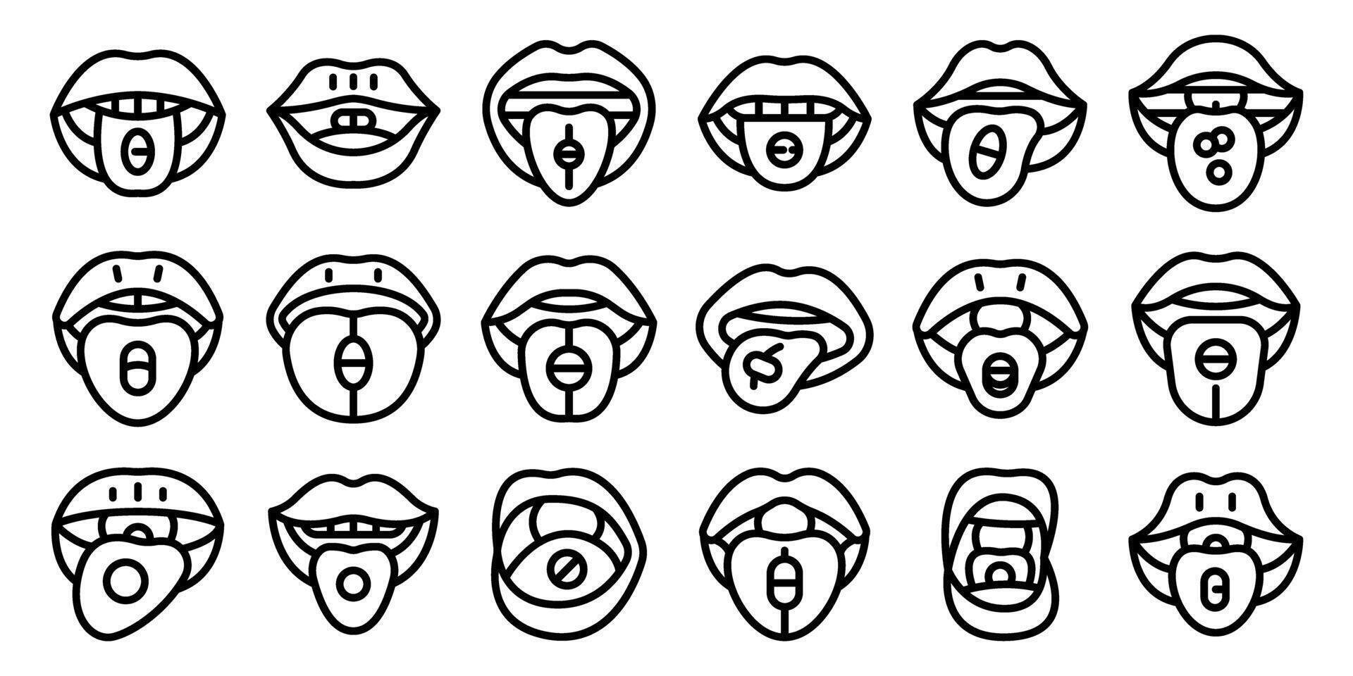 Pill tongue icons set. Open mouths showing tongues with pills, tablets or drugs icons set vector