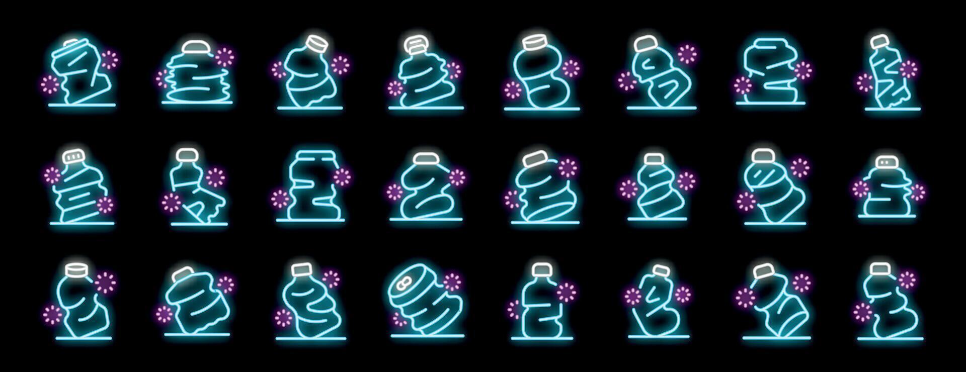 Neon icons of crushing plastic bottles for recycling purposes vector