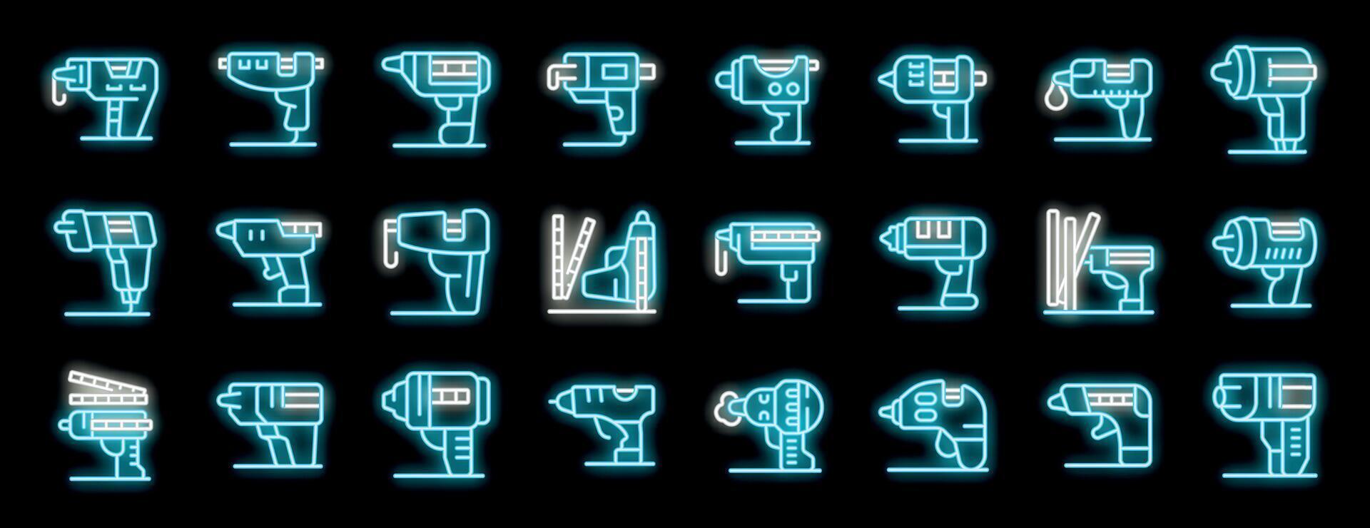 Glue gun icons set, repairing tool using for building, construction and fixing neon style vector
